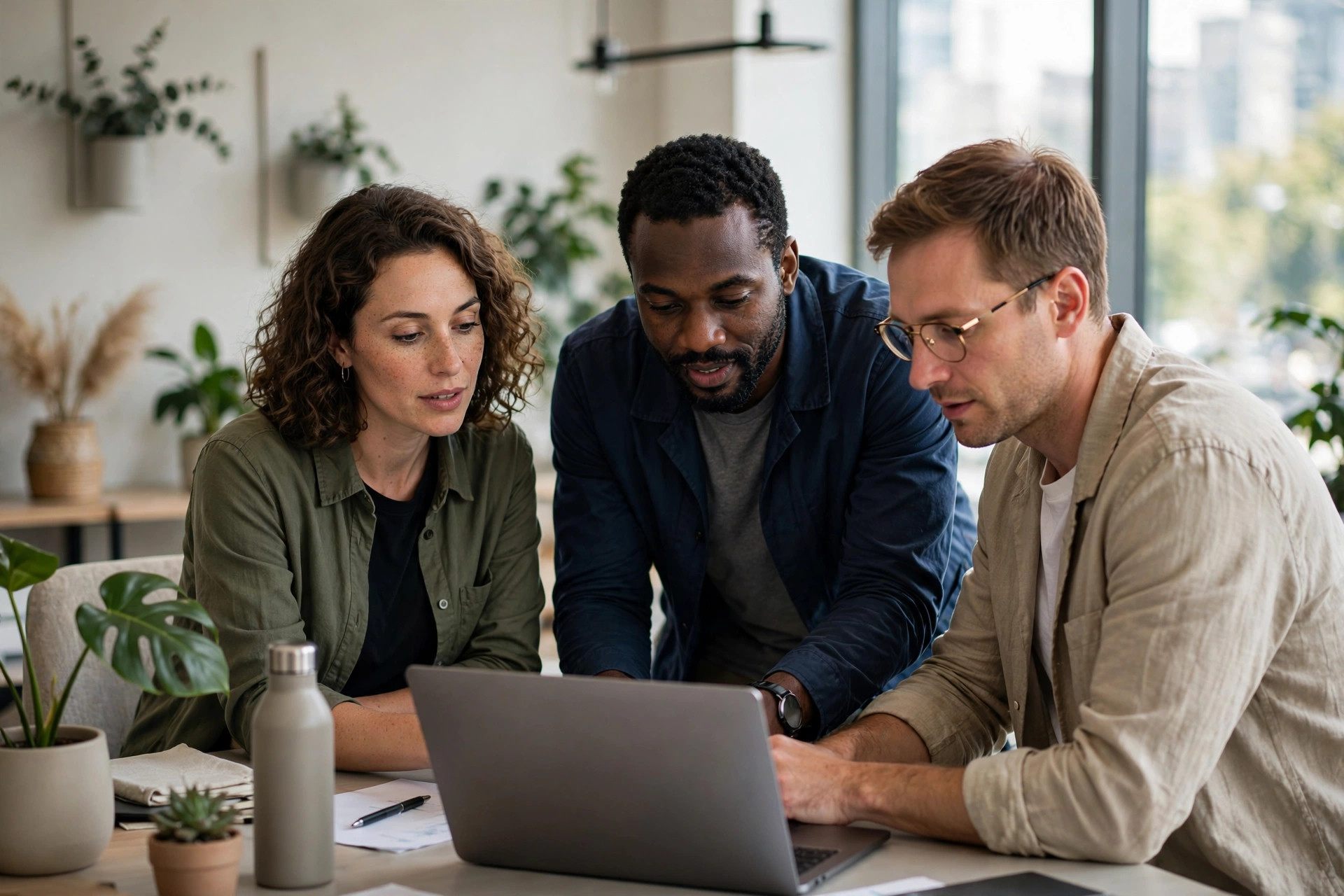 Three colleagues collaborating around a laptop in a modern office