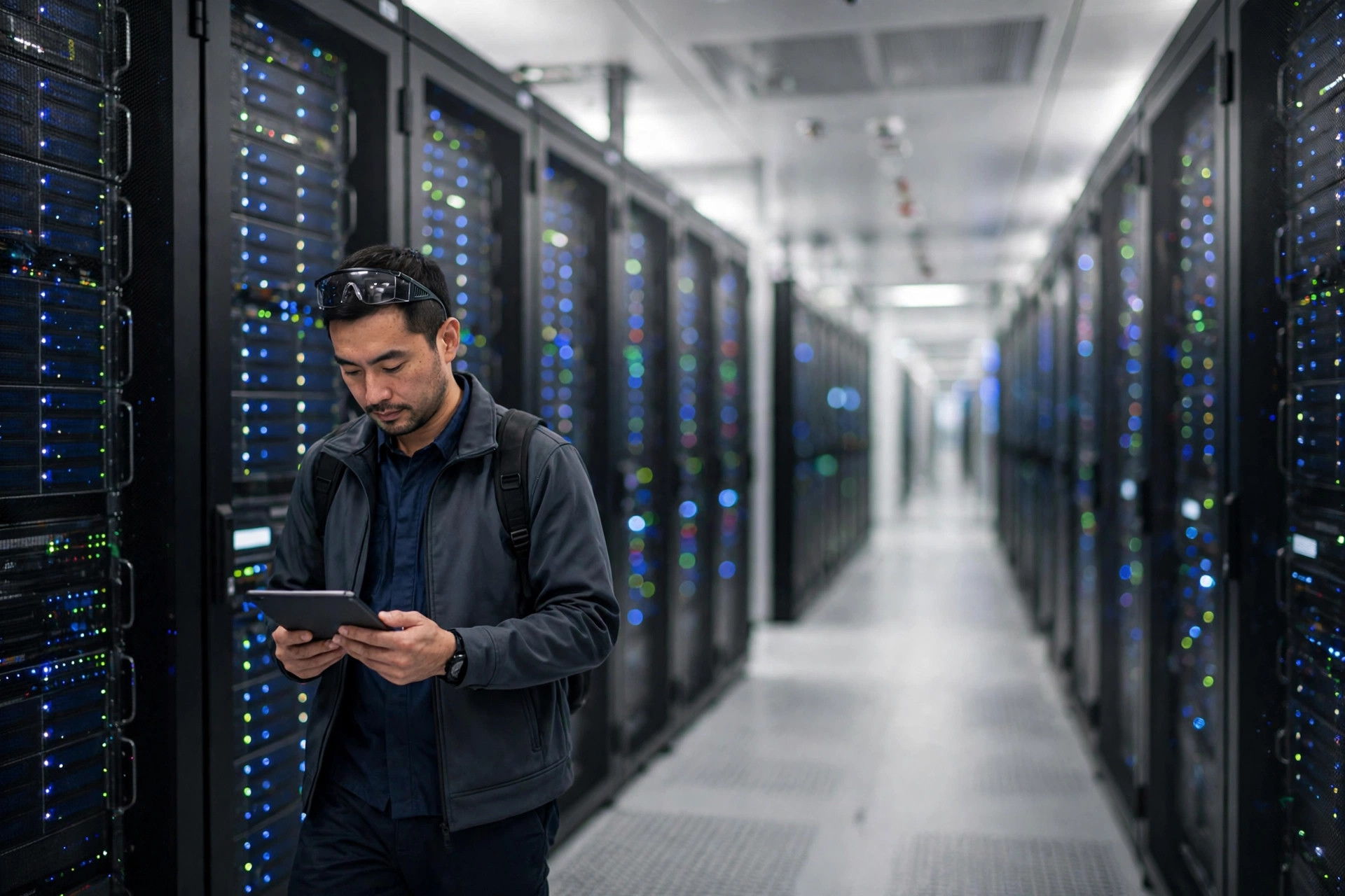 Technician with a tablet walking through a server room corridor