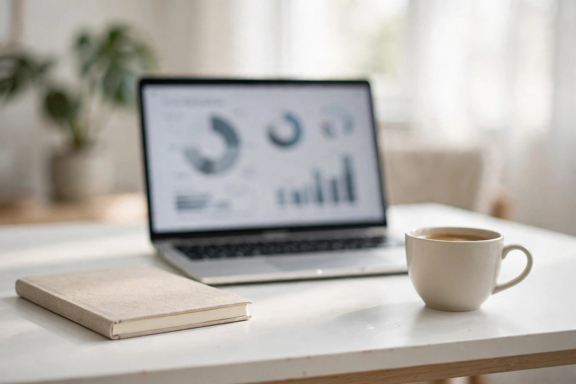 Laptop showing abstract analytics charts beside a notebook and coffee