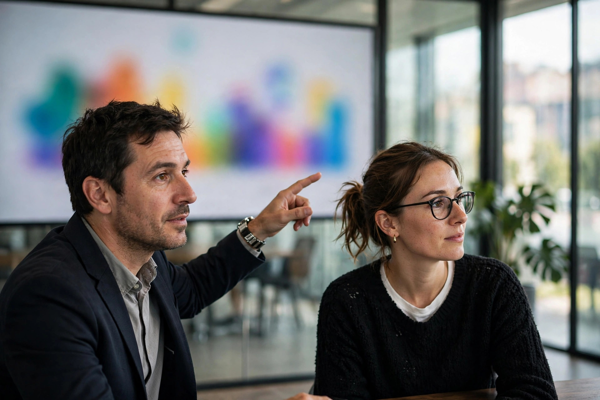 Two professionals discussing a colourful charts display in a meeting room
