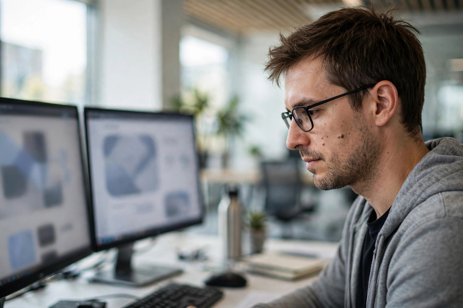 Web developer reviewing abstract layouts on dual monitors