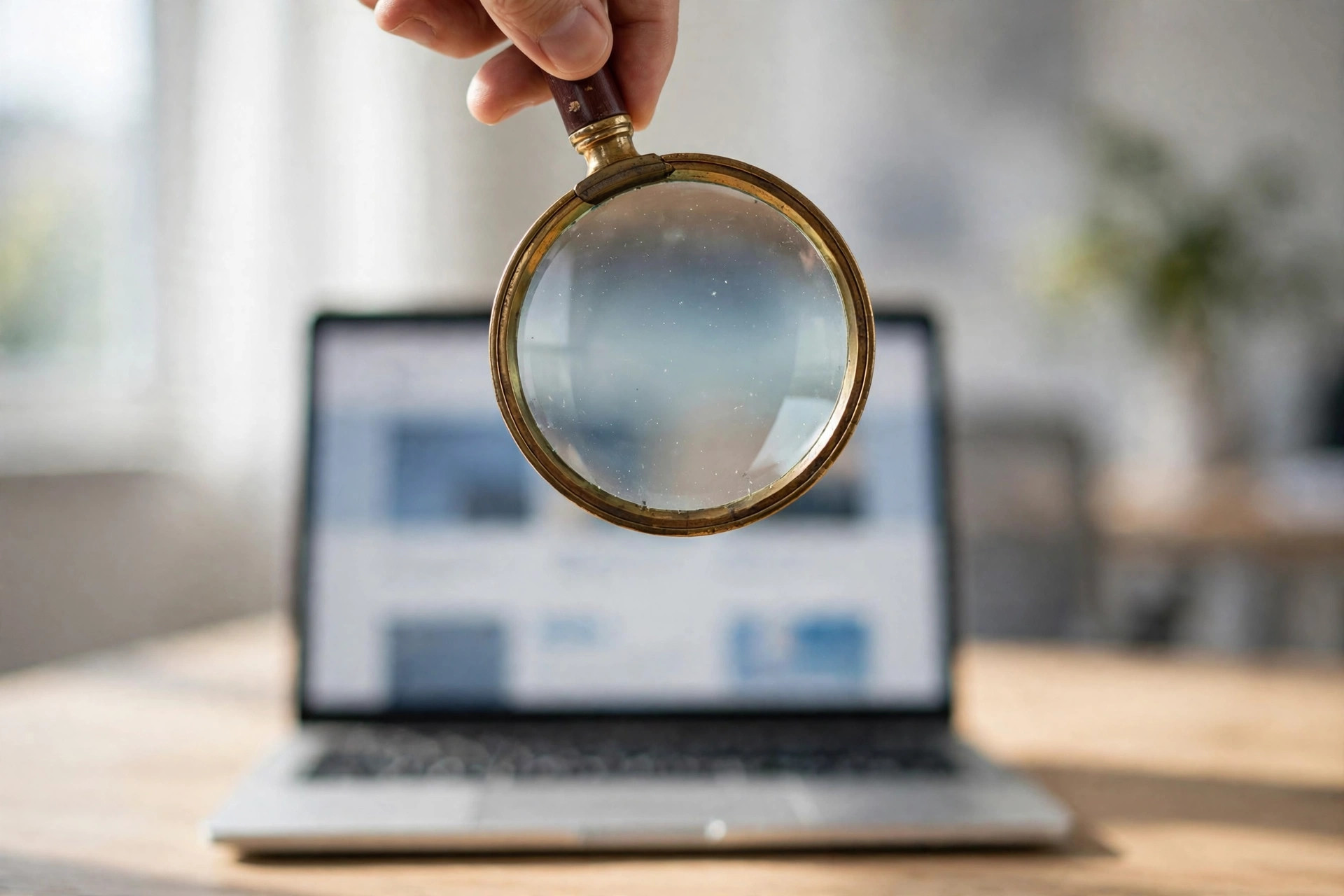 Magnifying glass held over a laptop screen showing a blurred webpage