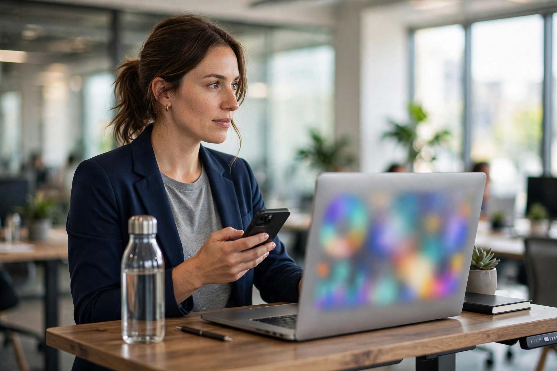 Marketing professional comparing a smartphone and laptop in an office