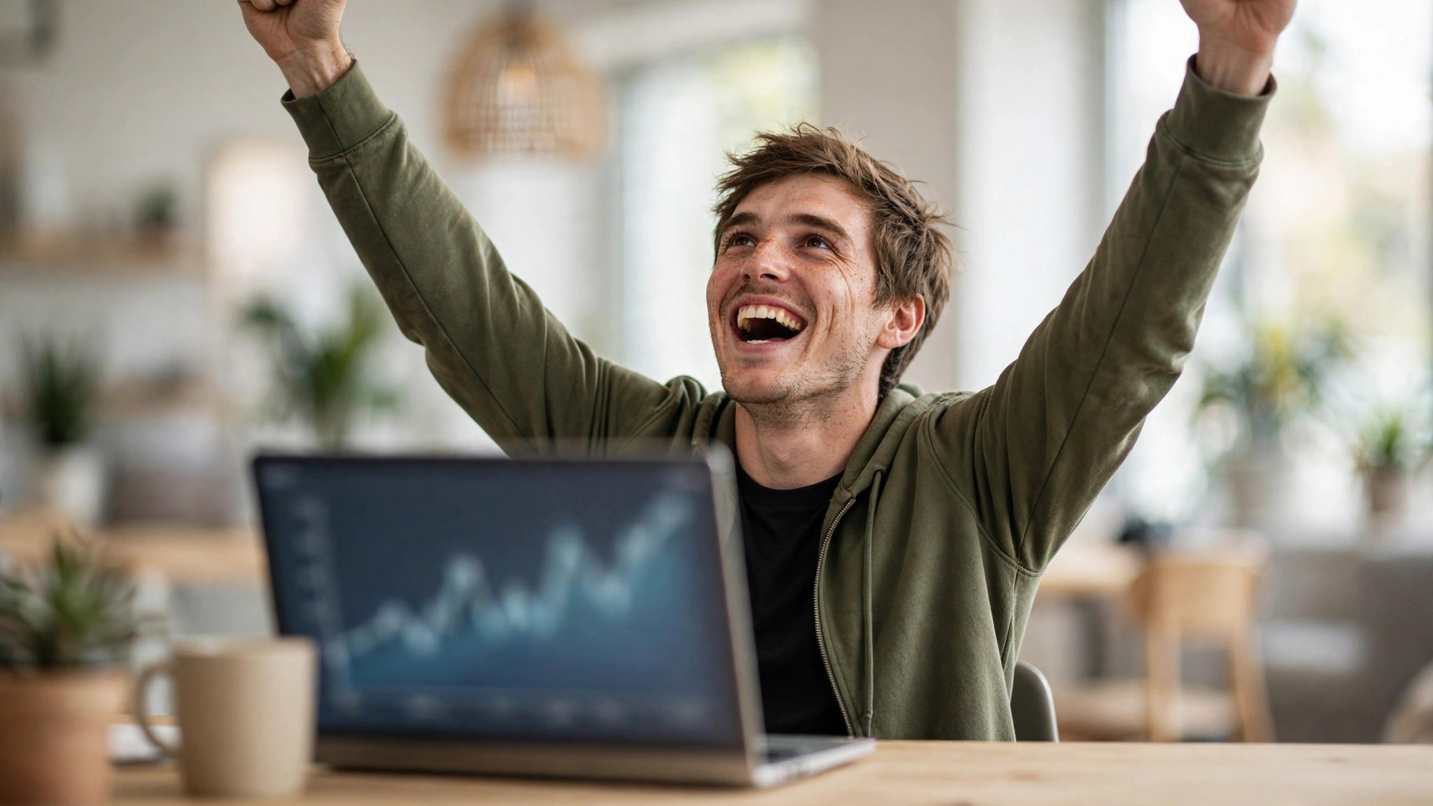 Happy entrepreneur celebrating at a desk with a laptop showing growth charts