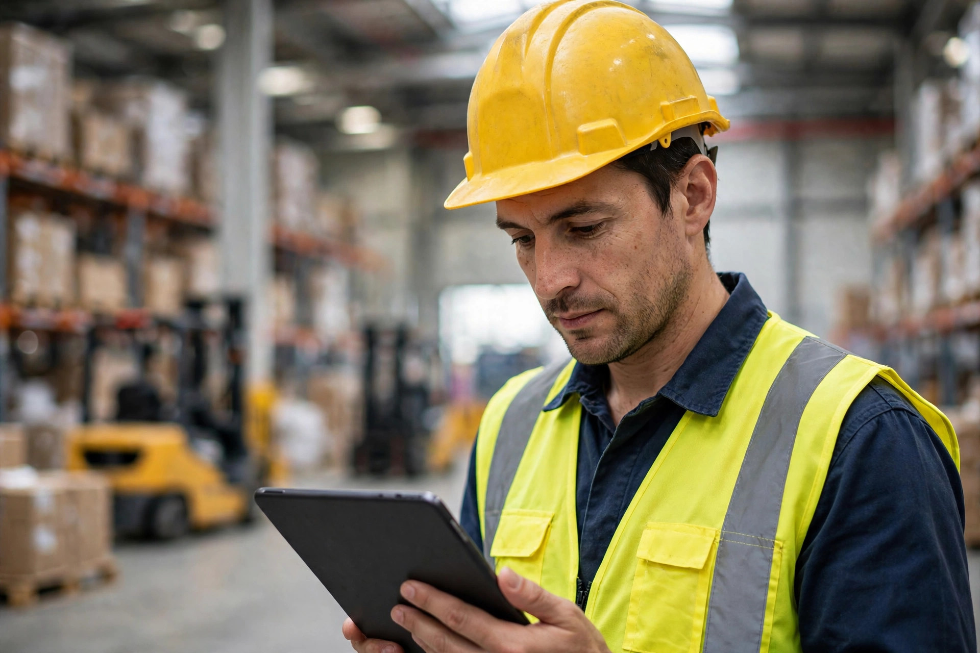 Warehouse supervisor in safety gear reviewing a tablet among forklifts