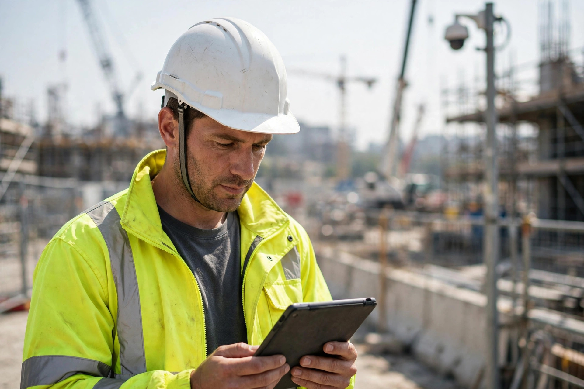 Construction supervisor with a tablet on site with a camera pole behind