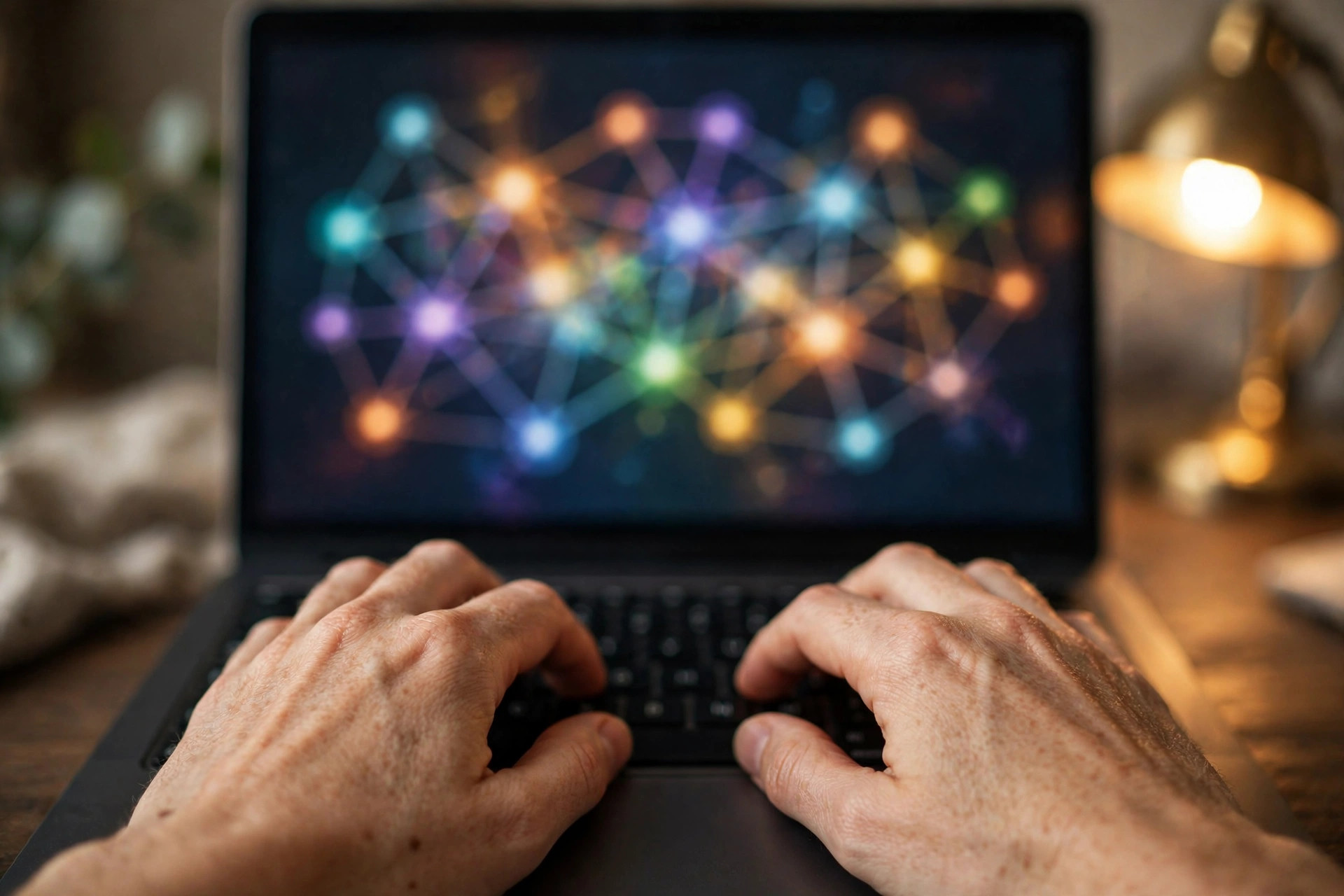 Hands typing on a laptop showing an automation workflow diagram