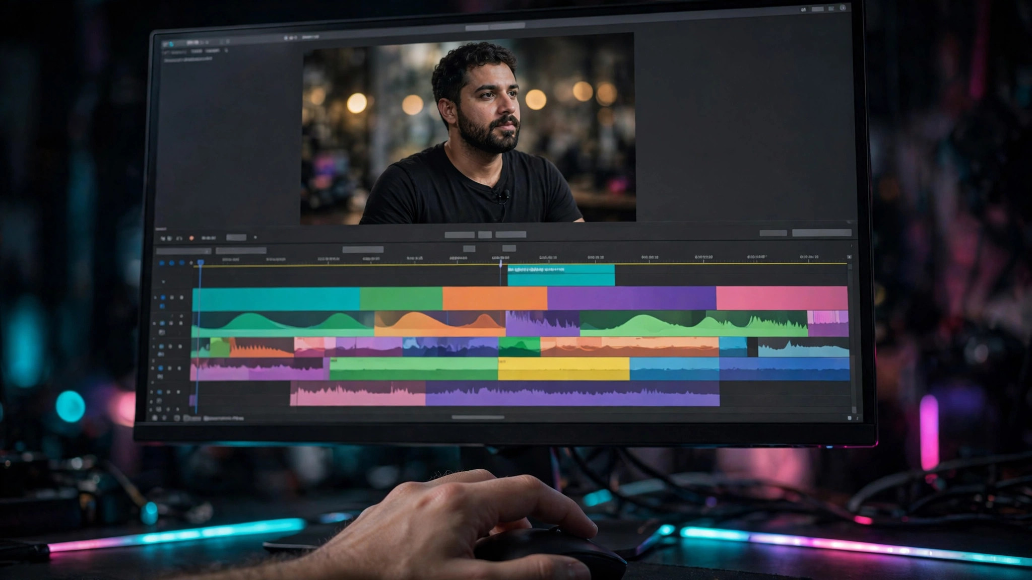 Video editor reviewing an AI avatar presenter on a computer screen