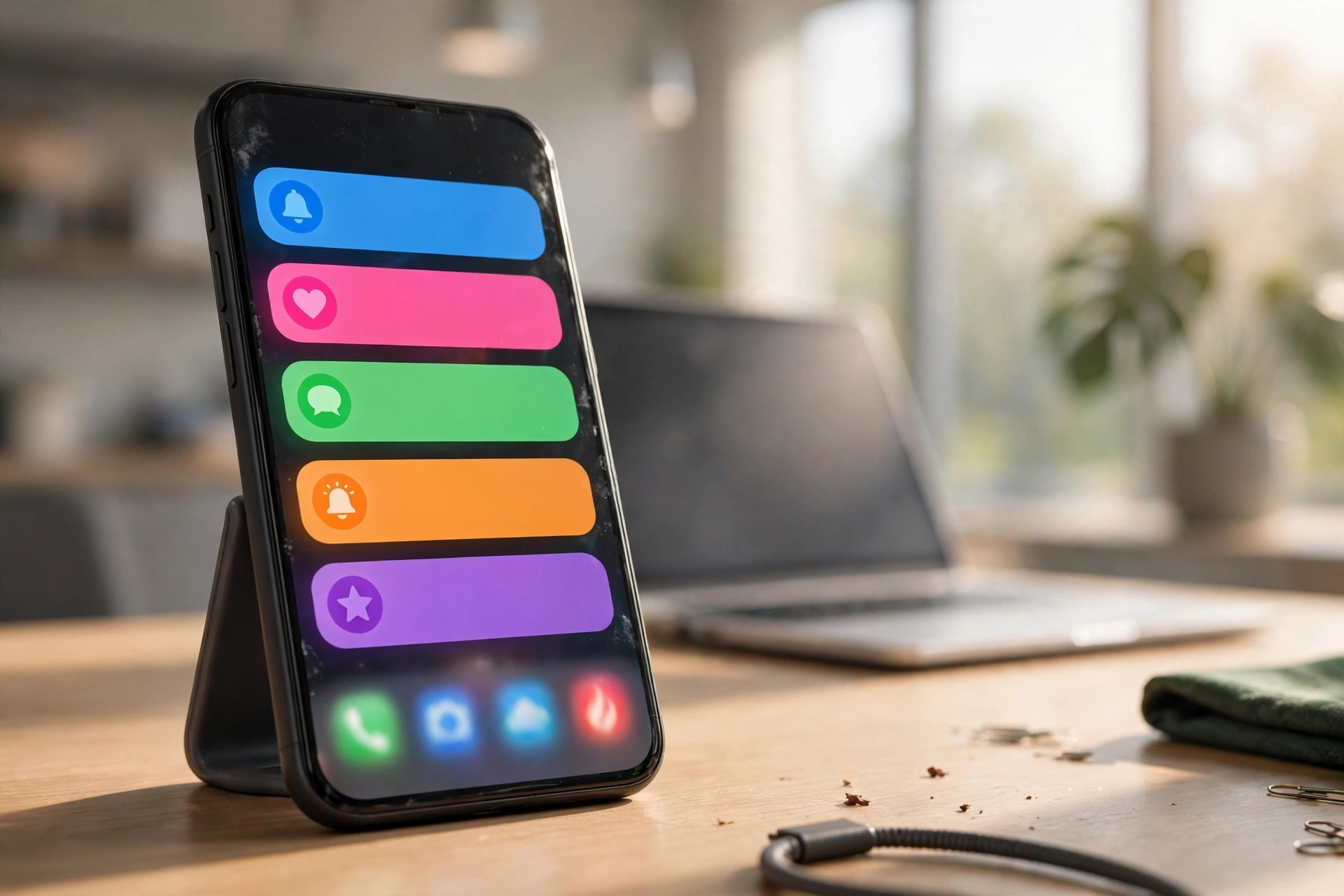 Smartphone showing brand mention alerts beside a laptop