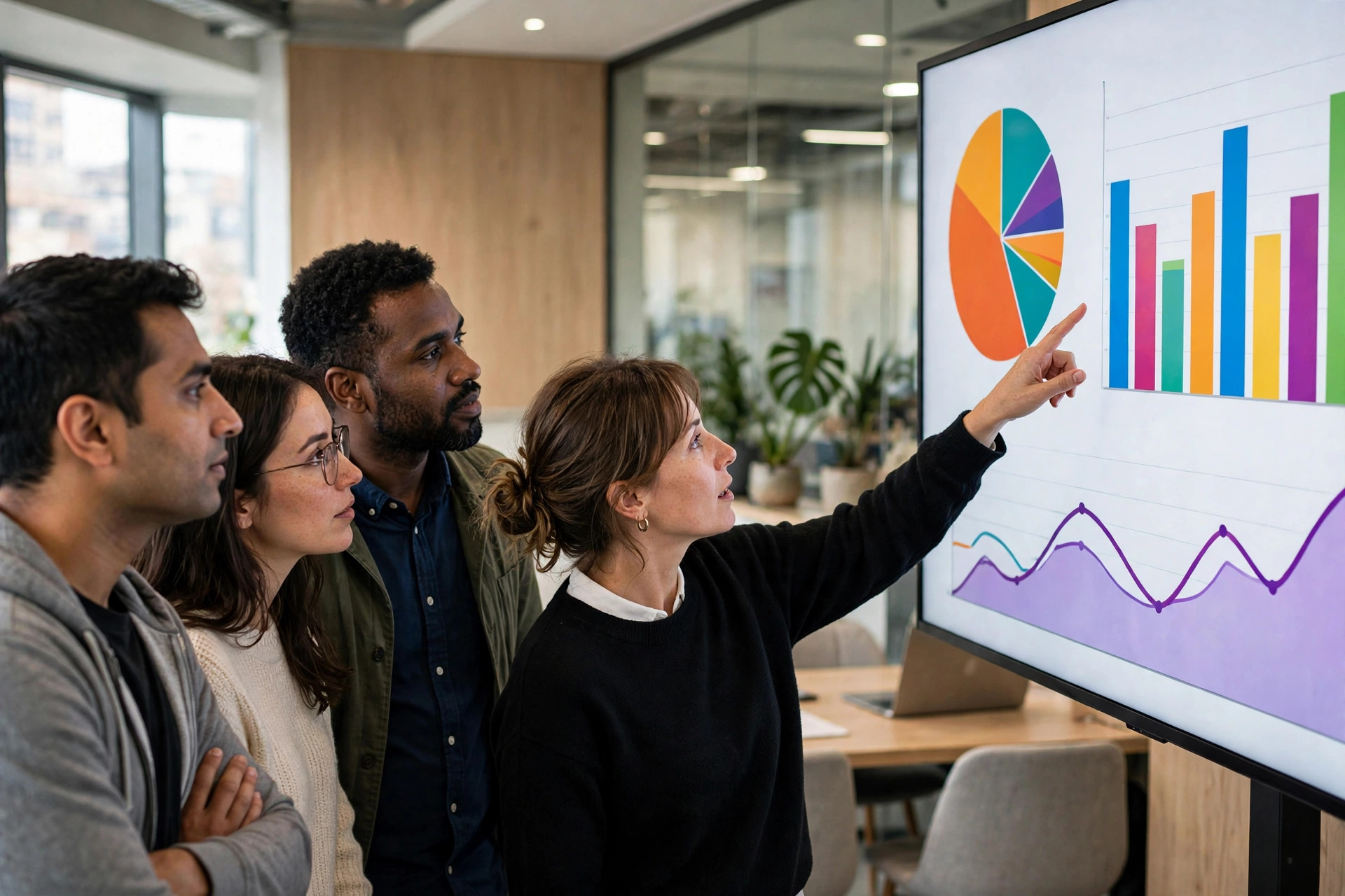 Marketing team reviewing brand analytics on a large office screen