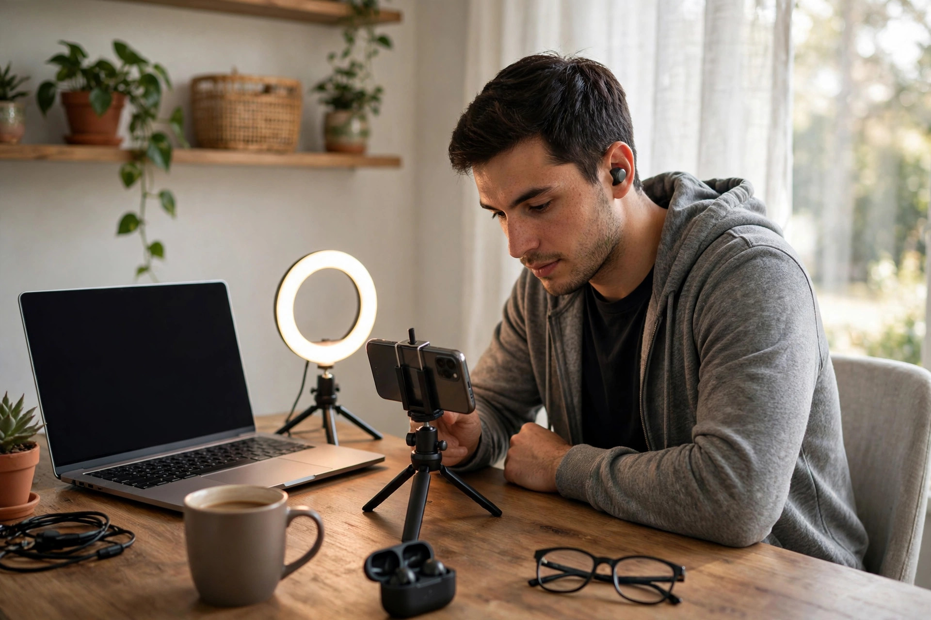 Startup founder recording a product video with a smartphone and ring light