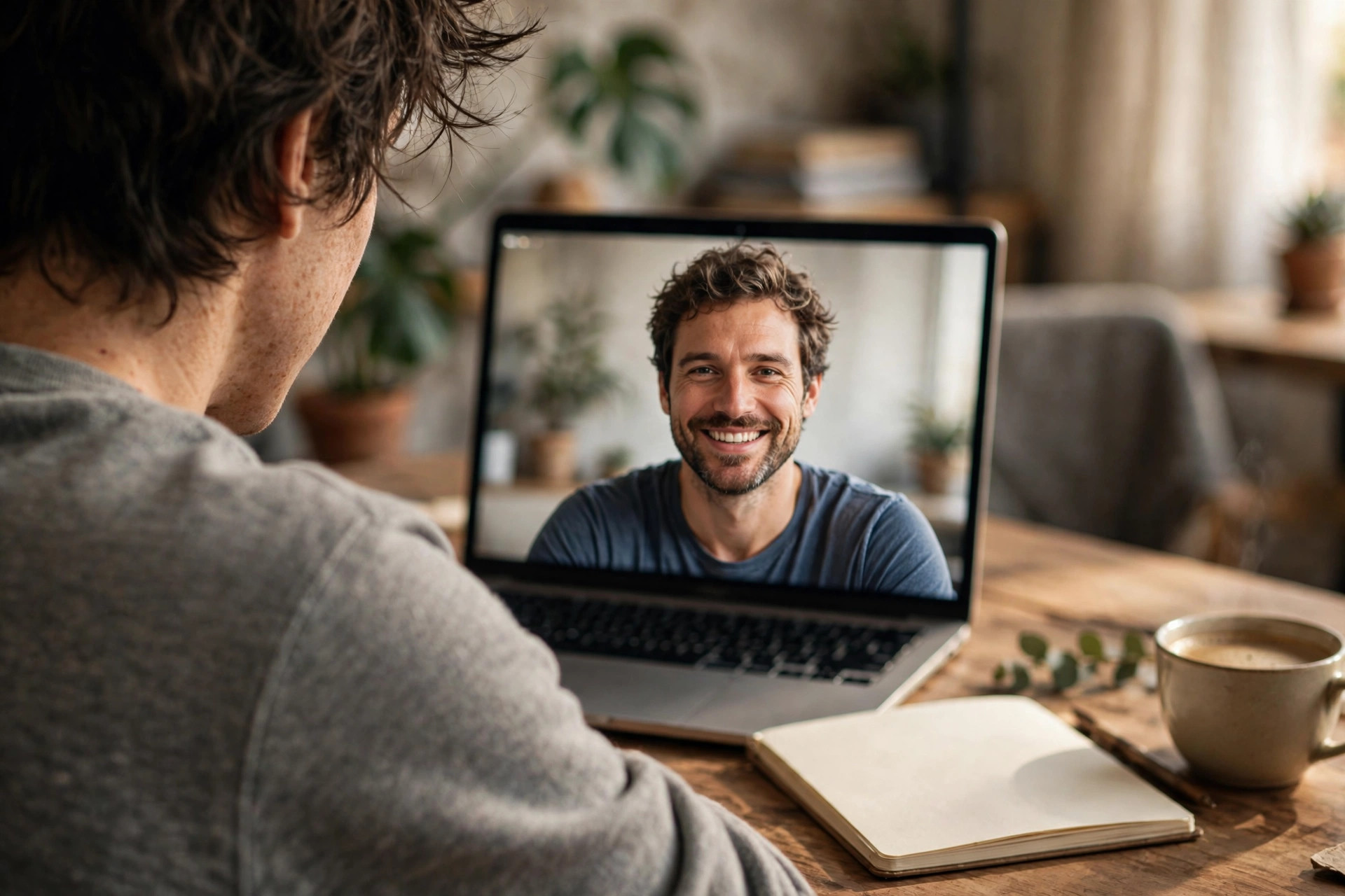 Founder on a video call with an AI avatar presenter on a laptop